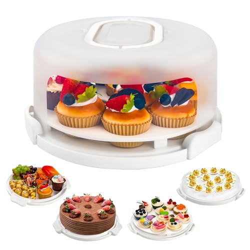 White Cake Containers with Lids Round Plastic Cupcake Holders 4-in-1 Multipurpose Cake Carrier Holder for 11 Inch Cake Pies Cupcake Eggs Fruit or Snac