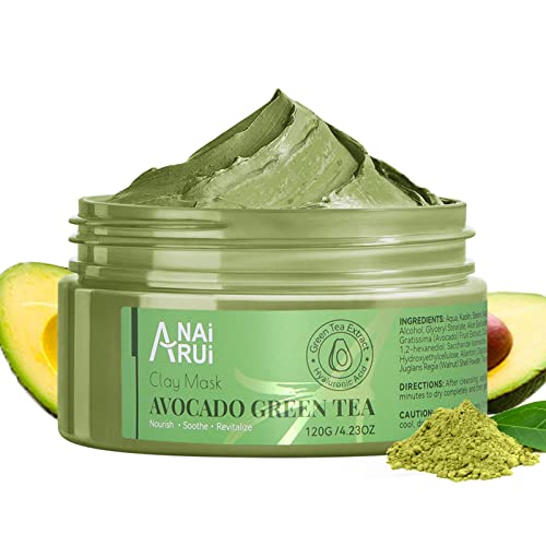 ANAI RUI Green Tea Face Mask with Avocado, Clay Facial Mask for Acne, Detox, Face Cleansing Mask, Hydrating, Nourishing, Soothing, 120g-4.23 oz dark g