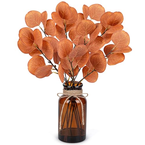 Der Rose 13.5" Fake Plants for Fall Bathroom Decor Autumn Artificial Eucalyptus Stems in Amber Glass Vase with Faux Water for Office Desk Accessories