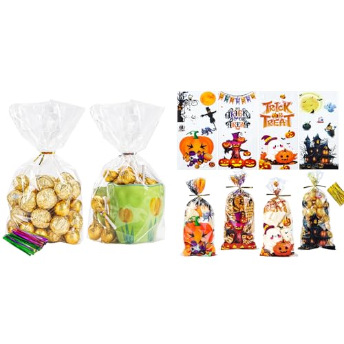 Bundle of 50 Pack Cellophane Bags and Halloween Treat Bags with Ties for Party Favors, Bakery, Candy, Popcorn
