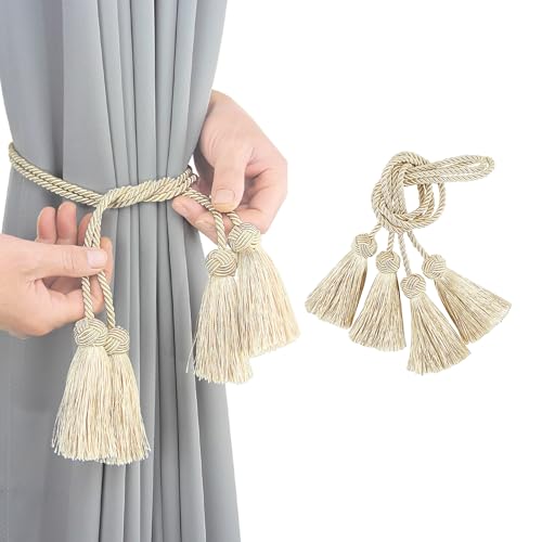 Elegant Curtain Tiebacks Rope Decorative Curtain Tie Backs for Drapes Hand Woven Window Treatment Holdbacks with Tassel, Beige 2pack