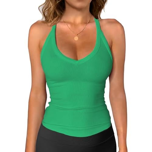 iGENJUN Womens Spaghetti Strap V-Neck Ribbed Tank Tops for Women 2025 Slim Fitted Soft Camisole Basic Layering Shirts Small Green