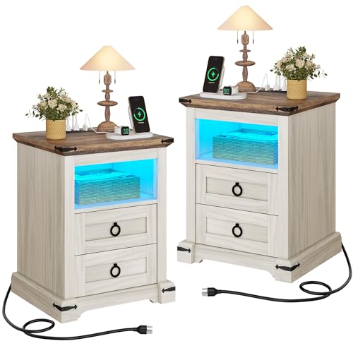 YITAHOME Farmhouse Nightstand with Charging Station, 2 Drawers Night Stand for Bedroom, LED End Table Side Table w-Open Shelf, Set of 2, Off White+Wal