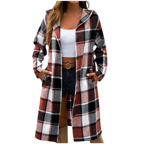Womens Classic Plaid Fall Coatigan with Pockets Wool Blend Hooded Long Shacket Casual Button Up Outerwear Coats A01 Coffee X-Large