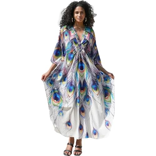 Wave Neck Swimsuit Cover Up Caftan Dress - Plus Size, Oversized, Long Beach Dress 8774-7 Peacock Feathers X-Large