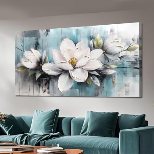 Ardemy Magnolia Wall Art for Living Room, Extra Large White Floral Canvas Wall Art Bedroom Painting Pictures Wall Decor Teal Flower Artwork for Walls