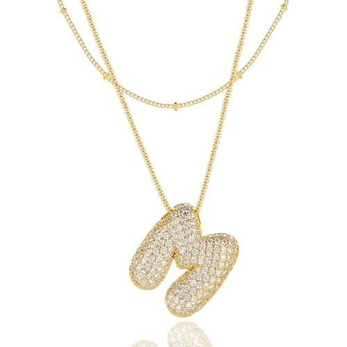 Bubble Letter Necklace Gold for Women，Layered Plated Initial Pendant Puffy Zircon Name Personalized Necklaces Fashion Jewelry for Gifts Letter M