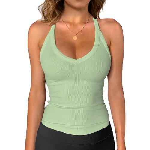 iGENJUN Womens Spaghetti Strap V-Neck Ribbed Tank Tops for Women 2025 Slim Fitted Soft Camisole Basic Layering Shirts Small Mint Green
