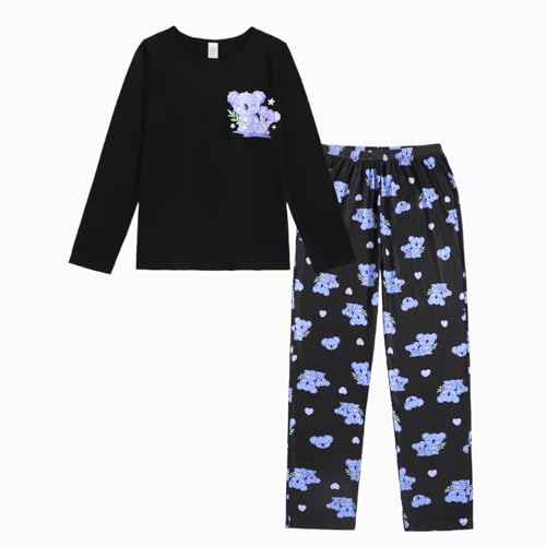 VENTELAN Women Pajamas Cute Christmas Bear Sleepwear Long Sleeve Stripes Loungewear Small Black-bear