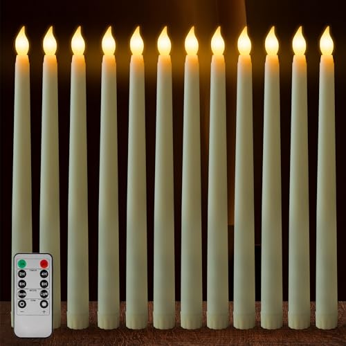 Sequpr 12 Pcs Flameless Taper Candles Flickering with Remote Timer, Battery Operated Taper Candles, 10.63inches Led Candlesticks for Christmas, Thanks