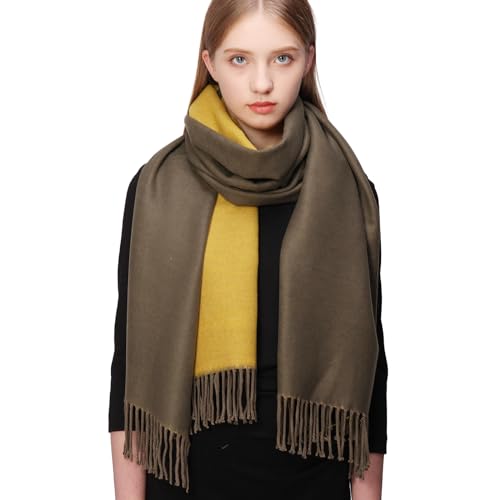 RIIQIICHY Pashmina Shawls and Wraps for Evening Dresses Scarfs for Women Fall Winter Travel Blanket Scarf Large Warm Scarves Dark Green and Yellow