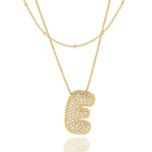 Bubble Letter Necklace Gold for Women，Layered Plated Initial Pendant Puffy Zircon Name Personalized Necklaces Fashion Jewelry for Gifts Letter E
