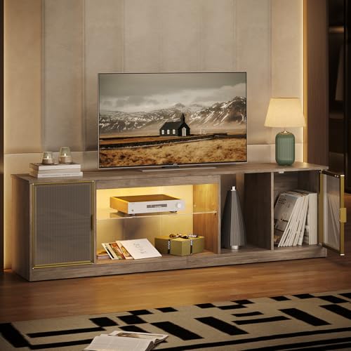 Bestier 70 inch TV Stand for TVs up to 80 Inch, LED Entertainment Center with Adjustable Glass Shelf & Translucent Doors Storage Cabinet for PS5 Xbox,