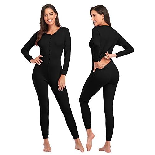 COLORFULLEAF Womens Cotton Onesies Pajamas One Piece Thermal Underwear Union Suits Henley for Ladies Jumpsuit Sleepwear Small Black-button