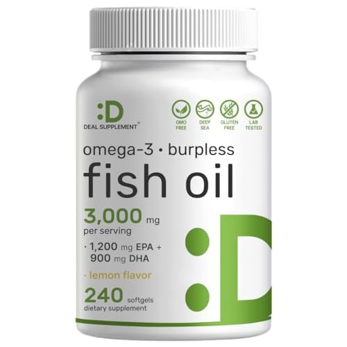 DEAL SUPPLEMENT Omega 3 Fish Oil Supplements, 3,000mg Per Serving, 240 Softgels – EPA 1,200mg + DHA 900mg – Burpless Pills, Lemon Flavored, Wild C
