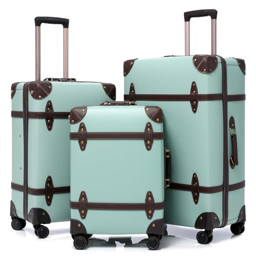 NZBZ Vintage Luggage Sets for Women, PU Leather Retro Suitcase, Vintage Trunk Luggage, Vintage Suitcase Set (Turquoise, 20inch & 24inch & 28inch) 20in