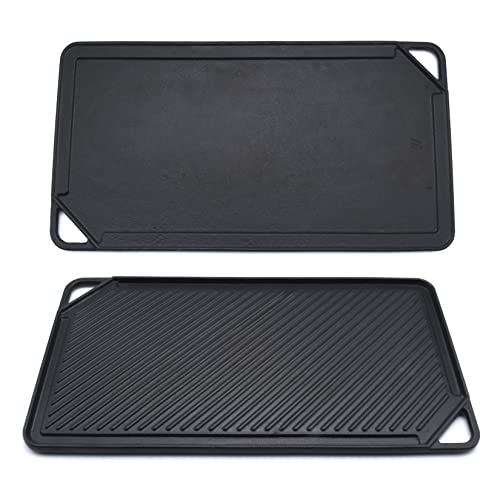 GasSaf Cast Iron Reversible Griddle, Double Sided Grill Pan Perfect for Stove Tops and Gas Grills, 20 Inch x 10 Inch