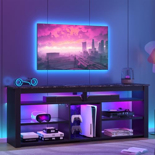 Bestier TV Stand for 70 inch TV, Tall Entertainment Center with 2 Led Lights, Gaming TV Console with Storage for PS5, Modern TV Cabinet for Bedroom, L