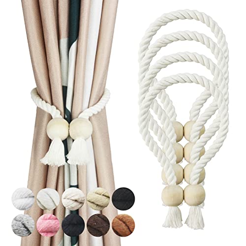 4 Pack Cream Magnetic Curtain Tiebacks Cotton Hand Woven Tieback Holdback Decorative Tie Backs for Drapes with Wooden Buckle No Tools Required Cream 4