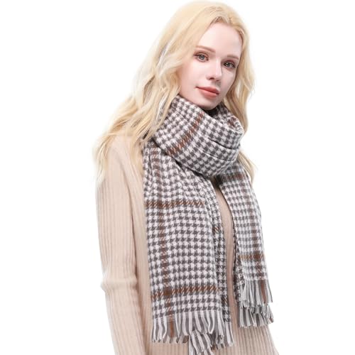 RIIQIICHY Plaid Scarf for Women Fall Winter Pashmina Scarves Wraps for Cold Weather Warm Large White-Grey-Brown