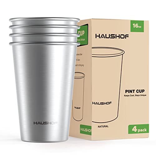 HAUSHOF Pint Cup, 16 oz Stainless Steel Cups, Stackable Metal Drinking Cups, Stacking Beer Pint Cups for Home, Party, Camping, Outdoor, Unbreakable, 4