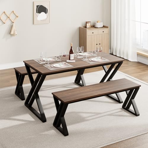 Garvee Kitchen Table Set for 4-6 with Benches + Sturdy Metal Frame + Space-Saving Design + MDF Top + X-Shaped Metal Frame + Suitable for Dining Room, 