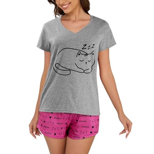 VENTELAN Pajama Set For Women Cute PJS Summer Short Sleeve Shorts Sleepwear X-Small Gray Color