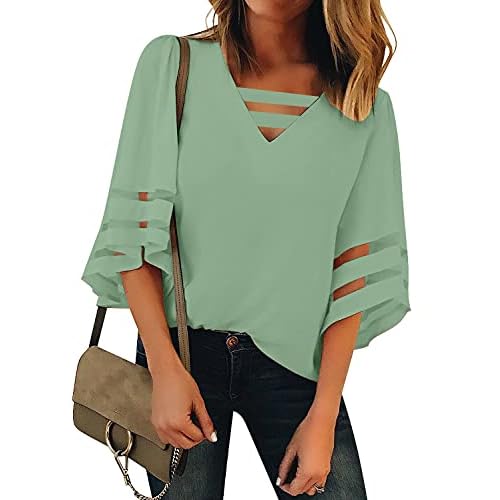 luvamia Women Casual Strappy V Neck Blouse 3-4 Bell Sleeve Mesh Panel Shirts Top XX-Large B Sprucestone