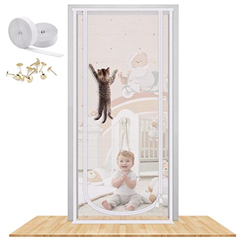 Reinforced Cat Screen Door, 35.5X82” Heavy Duty Pets Proof Screen Door with Bilateral Zipper, Prevent Dogs Cats Running Out from Home, Bedroom, Livi