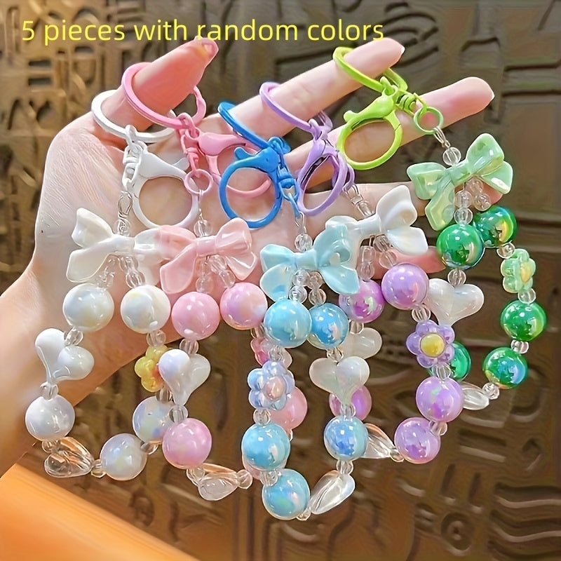 TEMU 5pcs Set Of Multicolor Bow Heart-shaped Floral Keychain Pendant, Suitable For , Bag Decoration And Gifting, Cute Elements To Life