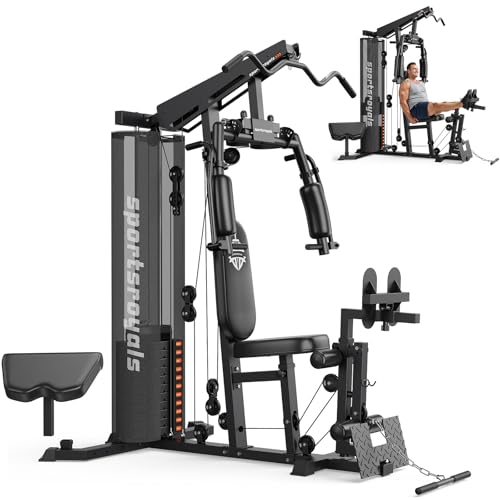 Sportsroyals Home Gym Equipment, 154LBS Weight Stack, Full Body Workout Machine with Pulley System for Strength Training With Leg Press, Black