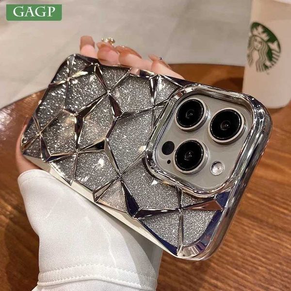 Luxury Girls Phone Case for iPhone 15 14 13 12 11 Pro Max Plus Glitter Bling 3D Cube Diamond Marble Soft TPU Shockproof CoverM240816