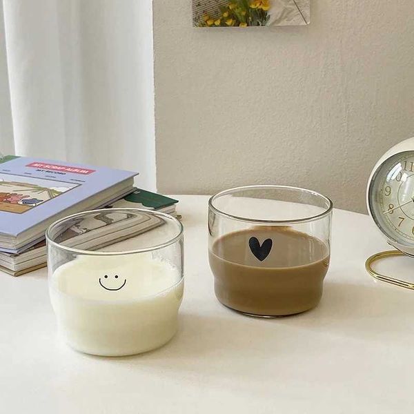 Korean Smile Glass Cup Cute Transparent Drinkware Stackable Transparent Bottle Breakfast Drinking Cups Coffee Utensil Couple Mug Y240813