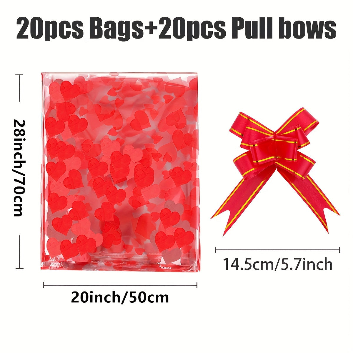 TEMU 20-pack Heart Print Cellophane Gift Bags With 20 Pull Bows – 20x28 Inch Transparent Plastic Basket Bags For Party Favors, Christmas, Wedding,