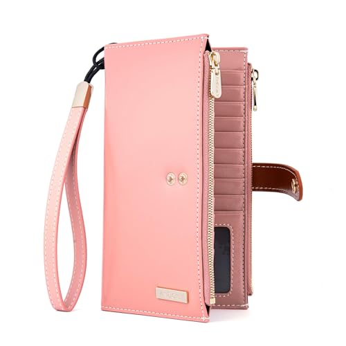 ANDOILT Women's Genuine Leather Wallet RFID Blocking Credit Card Holder Zipper Purse Cell Phone Handbag One Size B_Pink