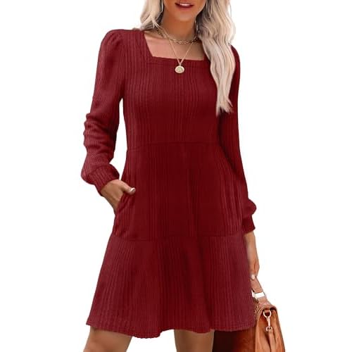 RanRui Womens Knitted Mini Dress riibbed Pleated Square Neck Long Sleeve Fall Dresses Casual Babydoll Ruffle Sweater Dress Burgundy Medium
