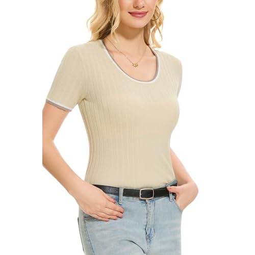 Women's Short Sleeve Scoop Neck Tshirts Color Block Slim Fit Ribbed Knit Summer Basic Casual Tee Tops Apricot Large