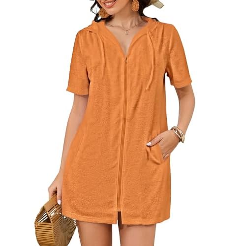 Bsubseach Terry Cloth Cover Up - Women 2025 Zipper Swimsuit Coverup Hooded Swim Robes Beach Coverups with Pockets Orange Medium