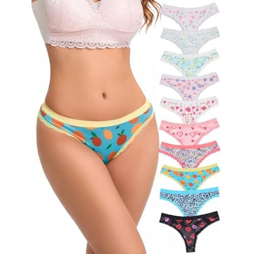 Morvia 10pcs Women's Fruits Hearts Leopard Floral Print Thongs Underwear Soft Lace Trim Panties Lingerie X-Large 10pcs Multicolor