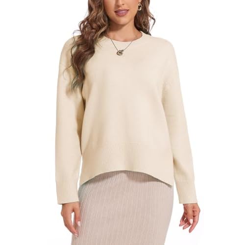 Women's Crewneck Long Sleeve Sweaters 2024 Fall Winter Loose Casual Ribbed Knit Side Slit Pullover Tops Apricot Large