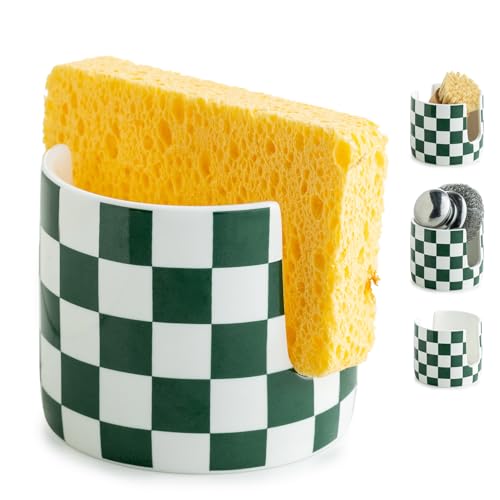 Ceramic Kitchen Sponge Holder, Dish Sponge Holder Suitable for Scrubby Farmhouse Dish Rack Brush Holder for Bathroom, Kitchen, Sink, Green and White G