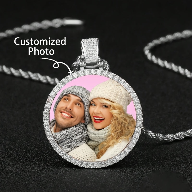 TEMU 1 Customized Photo Pendant Necklace, Round Golden Alloy Synthetic Cubic Zirconia, Fashionable And Non Fading Jewelry Gift, Suitable For ,