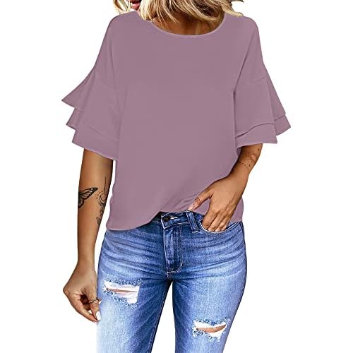 luvamia Women's Casual 3-4 Tiered Bell Sleeve Crewneck Loose Tops Blouses Shirt Large A1 Mauve Shadows