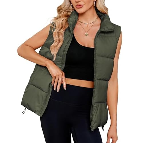Women Quilted Puffer Vest Sleeveless Jacket Zip Up Stand collar Lightweight Outerwear with Pocket 2025 Trendy Plain Army Green X-Large