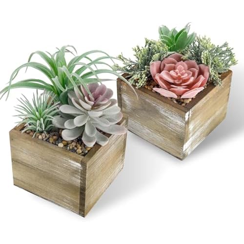 Der Rose 2 Pack Fake Plants Succulents Plants Artificial Cactus Plants in Wood Pots with Pink Flowers for Farmhouse Bathroom Decor