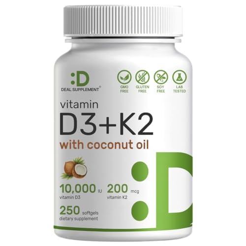 DEAL SUPPLEMENT Vitamin D3 10,000 IU + K2 MK7 200mcg Softgels, 250 Count | 2-in-1 Complex with Virgin Coconut Oil | Supports Heart, Bone, Teeth & Immu