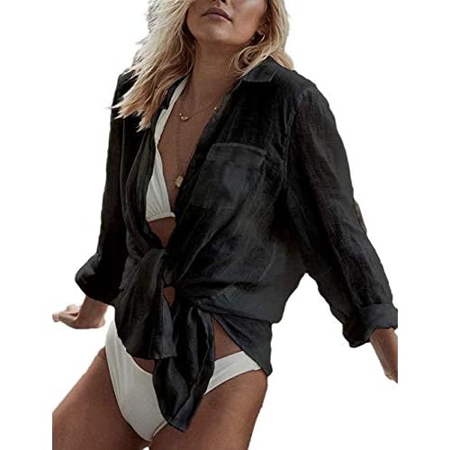 Bsubseach Women Long Sleeve Beach Shirt Blouses Bathing Suit Cover Up Button Down Collar Black