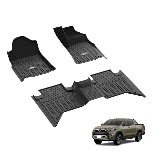 3W Floor Mats Fit for Toyota Hilux 2020-2024 2025, All Weather Pet Friendly TPE Custom Fit Floor Liner Rubber Heavy Duty Car Mats Waterproof Anti-slip