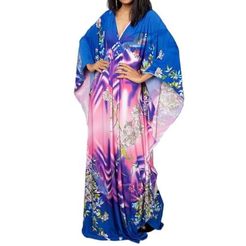 Bsubseach Women Ethnic Print Kaftan Beach Dress Plus Size Swimsuit Cover Up Blue Pink Floral