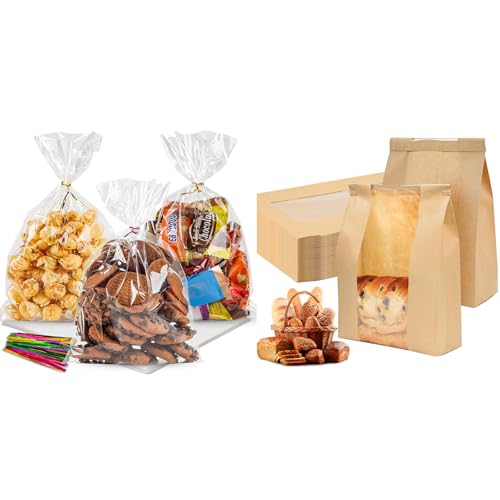 NPLUX Bundle of 100 Pack Cellophane Bags and 100 Pack Sourdough Bread Bags for Toast Sandwich Cookie Snacks Packaging Storage